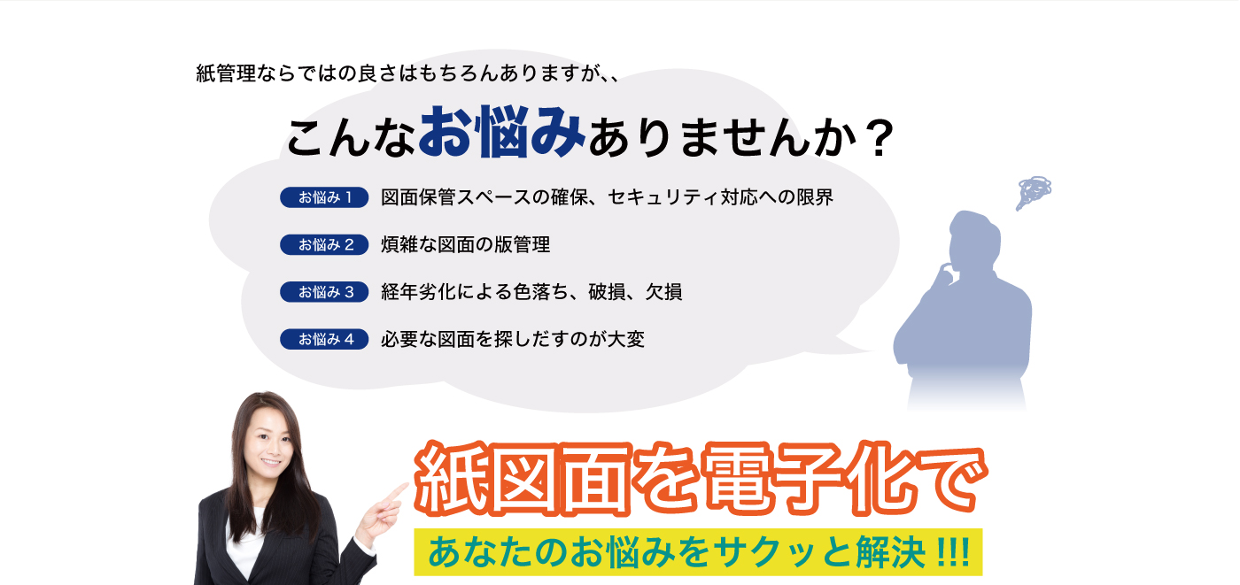 紙管理ならではの良さはもちろんありますが、、こんなお悩みありませんか？お悩み1 図面保管スペースの確保、セキュリティ対応への限界 お悩み2煩雑な図面の版管理 お悩み3経年劣化による色落ち、破損、欠損 お悩み4必要な図面を探しだすのが大変紙図面を電子化であなたのお悩みをサクッと解決!!!