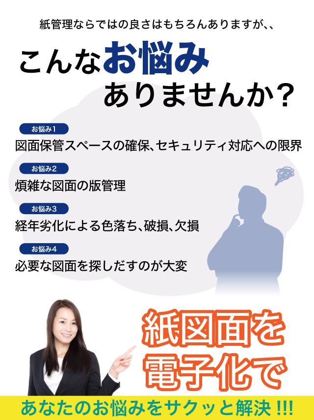 紙管理ならではの良さはもちろんありますが、、こんなお悩みありませんか？お悩み1 図面保管スペースの確保、セキュリティ対応への限界 お悩み2煩雑な図面の版管理 お悩み3経年劣化による色落ち、破損、欠損 お悩み4必要な図面を探しだすのが大変紙図面を電子化であなたのお悩みをサクッと解決!!!